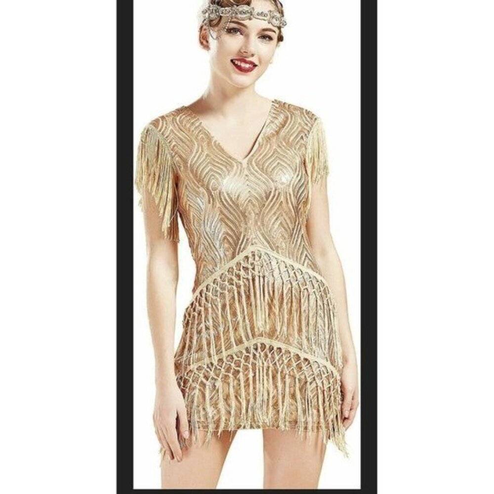 BABEYOND Women's Flapper 1920s V Neck Beaded Fring SIZE 3XL